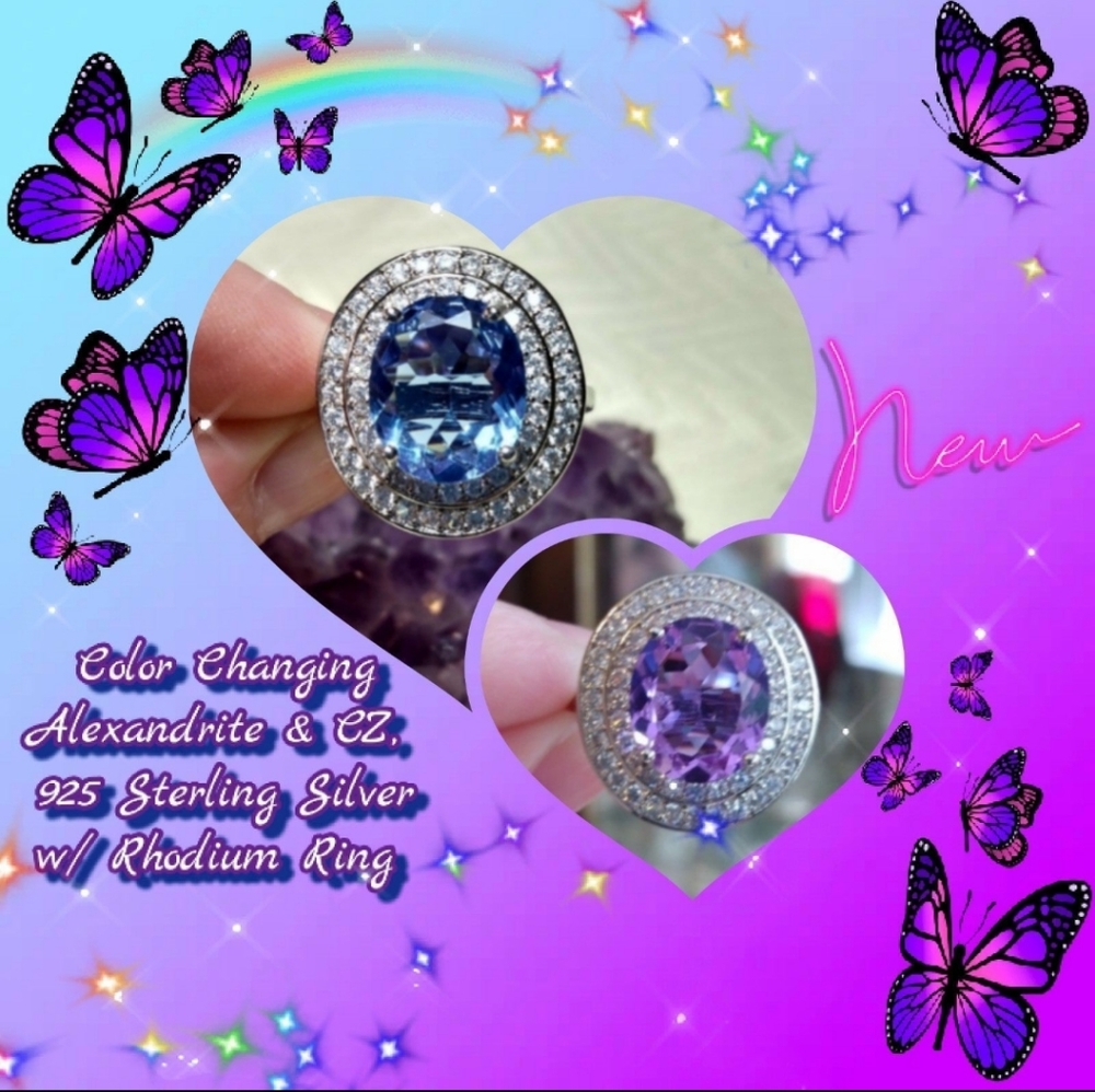 New,Sz:6.25 or 7.25⭐ColorChanging, Alexandrite & CZ, 925 St. Silver/Rhodium Ring